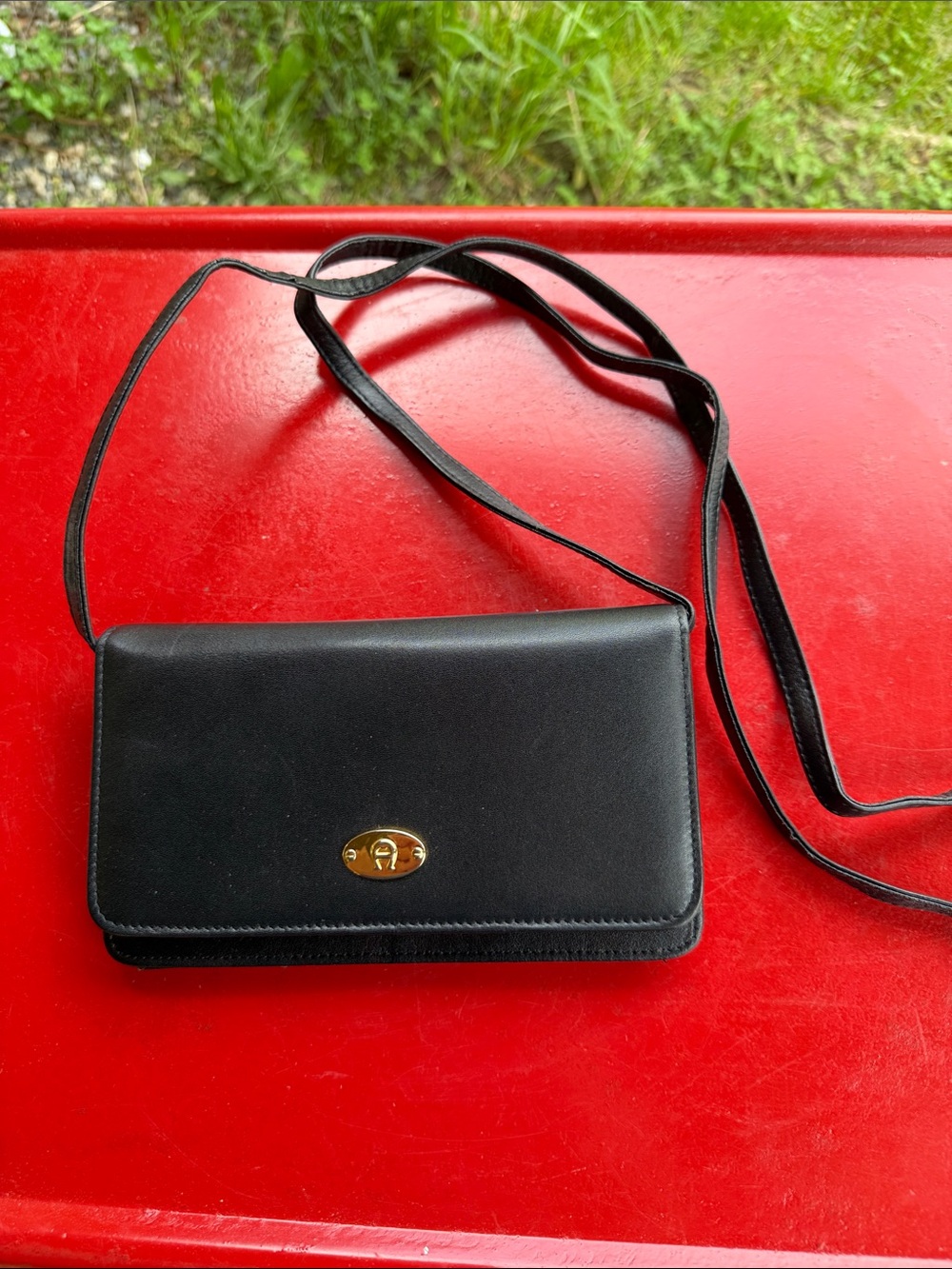 Vintage Etienne Aigner Classic Black Leather Crossbody Wallet - Gold Hardware